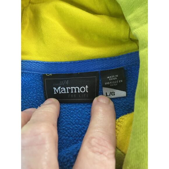 Vtg 90’s Marmot Colorblock Sz L LS Kangaroo Pocket Hoodie Back Graphic - Picture 3 of 7